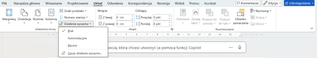 dzielenie wyrazów w WORD, jak zrobić automatyczne dzielenie wyrazów, pisanie pracy
